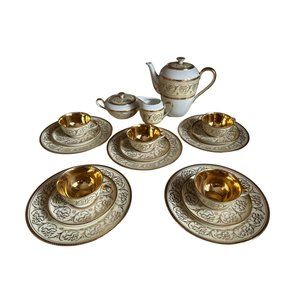 Antique H & G Heinrich German White & Yellow Porcelain, Heavy Gold Design Coffee